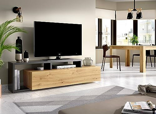 Dmora - Mobile porta TV Maiella, Credenza bassa da soggiorno, Madia da salotto per televisione, 165x40h47 cm, Rovere Nodi e Antracite