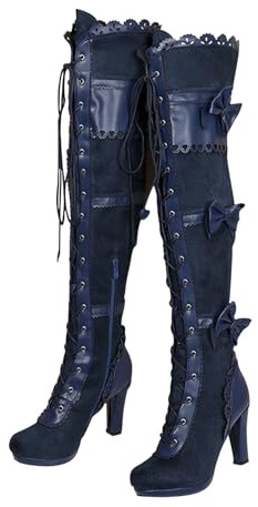 ESSUE Bottines Femme Talons Boots Cuir Bleu 41 EU Steampunk Vintage Goth Motard Talon Bloc Cuissarde Fermeture éclair Hiver Femme