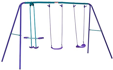 Outsunny Kids Swing Set, Metal Garden Swing Set with 2 Seats, Glider, Heavy Duty A-Frame, Outdoor Children Playground for 3+ Years Old, Purple