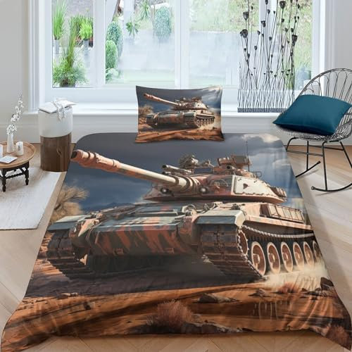 HOTGE Bettwäsche 3D Panzer Bettbezug Set Mit Reißverschluss Und Kissenbezug, Mikrofaser Camouflage-Stil Bettwäsche Set Für Erwachsene Kinder Single(135x200cm)