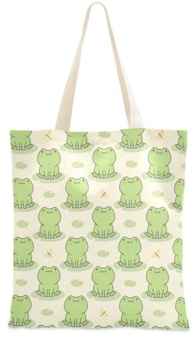 linqin Süße Frosch-Tragetasche, Segeltuch für Damen, wiederverwendbar, Einkaufstasche, Stofftasche mit Tasche für Schule, Geschenk, Arbeit, Süßer Frosch, 15 x 16.3