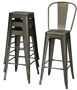 RELAX4LIFE Tabouret de Bar Lot de 4 avec Dossier Amovible, Chaise de Bar Empilable en Métal avec Repose-Pieds, Tabouret Haut Tolix, Assise 76,5 CM, Charge 150 KG pour Cuisine Comptoir Bistro