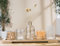 GILDE 6 teiliges Geschenkset Natur – Deko Teelichthalter Glas mit Tablett kleine Vase Trockenblumen mit Holz Tablett 13 x 40 cm -Tischdeko Wohnzimmer modern