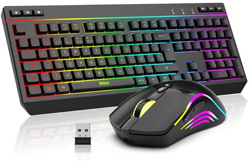 RedThunder K20 Juego de Teclado y Ratón Inalámbrico Recargable, ES Layout, Retroiluminación RGB + Teclas de Función Multimedia, Ratón 7D 4800DPI para PC Mac Portátil(Negro)