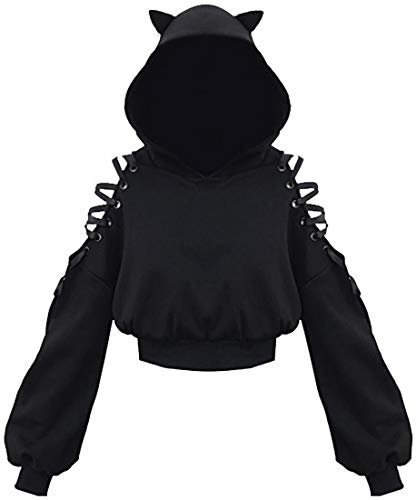 PANOZON Women's Cute Cat Ear Hoodies Crop Top Off Shoulder Hollow Out Long Sleeve Black Punk Y2K Gothic Sweatshirts Black L