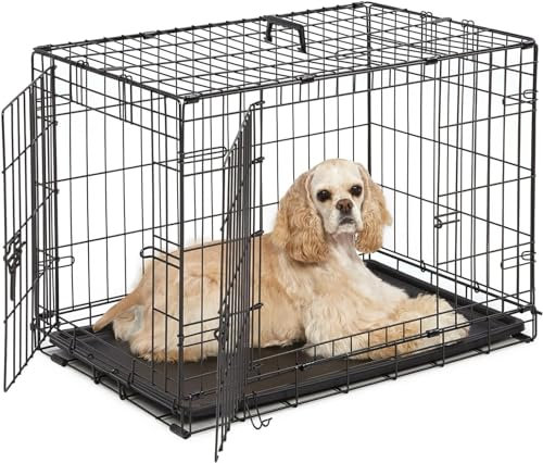 JupiterJx Metal Dog Crate Cage, Foldable Puppy Pet Cage With 2 Doors Easy Clean, Durable Dog Cage With Carrier Handle & Chew Resistant Plastic Base Tray For Dog Puppy Training (Black, 30)