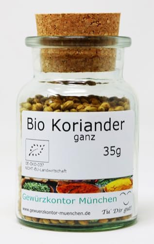 Bio Koriander Ganz 35g im Glas | 100% Bio-Qualität | Vielseitiges Gewürz für Hülsenfrüchte, Curry, Fleischgerichte und Backwaren | Gewürzkontor München