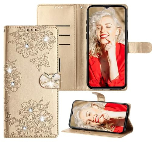 SEHEYA for iPhone 11 Pro Max Glitter Butterfly Flip Case PU Leather Folding Phone Cover Embossed Blossom Pattern Card Slots Magnetic Closure Holster Gold
