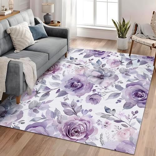 Teppich Wohnzimmer Florales Lila 140x200 cm Home Teppich Wohnzimmer Schlafzimmer Jugendzimmer Kurzflor Modern Wohnzimmerteppich Waschbar rutschfest
