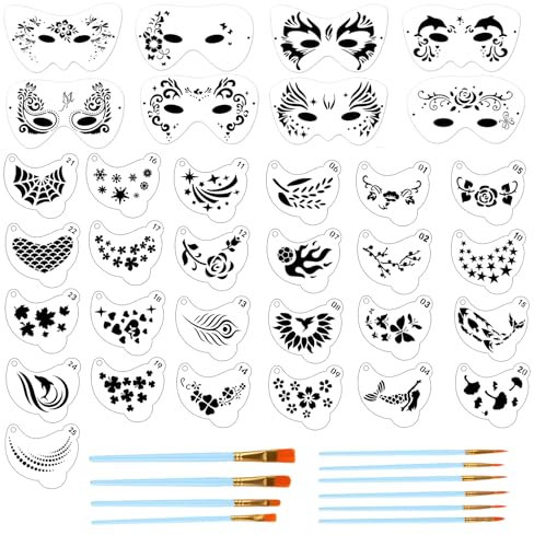 43 Stück Gesichtsmalschablonen Kits enthält 33 wiederverwendbare Gesichtsmalerei Schablonen mit 10 Malerei Pinsel Kunststoff Tattoo Malerei Vorlagen für Kinder Halloween Party Make-up