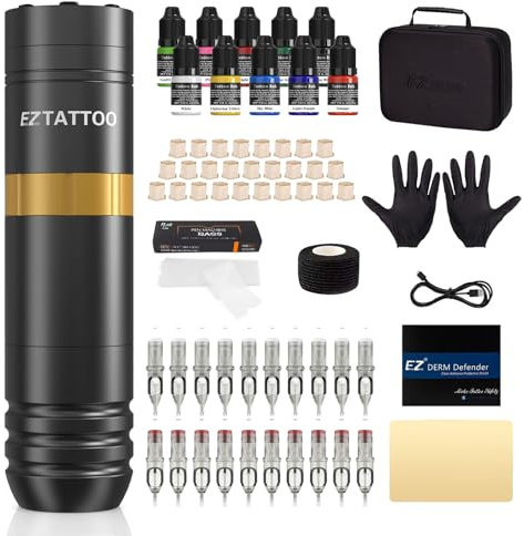 EZ Tattoo Machine Kit - Tattoo Kit with Rotary Tattoo Machine Pen, 1500mAh Battery Power Supply, 20Pcs Tattoo Needles and for Tattoo Beginners and Artists (Golden)