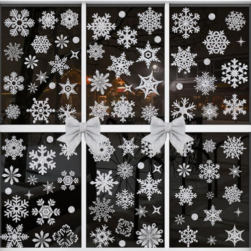 115Pcs Adesivi Natalizi per Finestre,BetterJonny Shining Vetrofanie Natalizie Finestre Riutilizzabili Natale Adesivo Finestra Decorazione Adesivi Fiocco di Neve per Natale Vetrina Finestra Decorazione