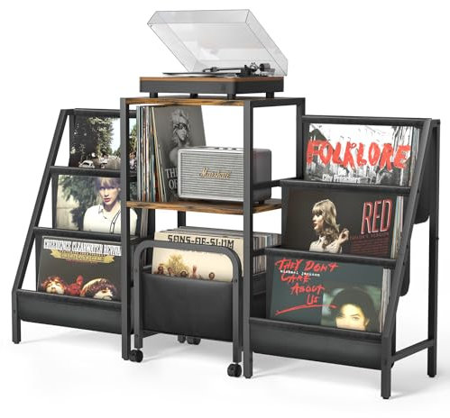 Record Player Stand with Vinyl Storage Cart, Record Player Table with Record Storage 200 Albums, Turntable Stand with Record Holder Vinyl Display Shelf, Record Cabinet Media Stereo