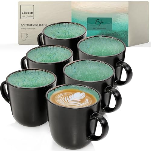 SÄNGER Fiji | Kaffeebecher 6 Personen, Steingut Kaffeetassen Set 6er, Tassen Set Teetasse Set spülmaschinenfest mikrowellenfest, Coffee Mug multifunktional dunkelgrün 430 ml | VALUE COLLECTION