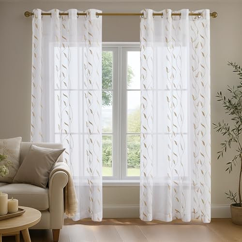 Deconovo Tende per Interni Moderne Ricamate con Anelli 140x183 cm, Tende Trasparenti Eleganti in Voile per Finestre di Camera da Letto e Soggiorno, Set da 2 Pezzi, Lino