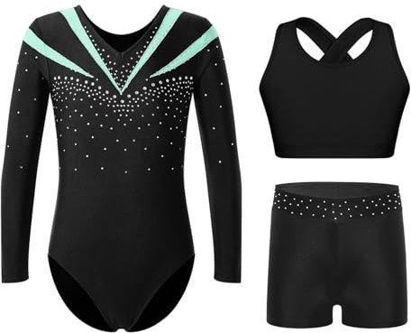 Oyolan Mädchen Kinder Turnanzug Gymnastikanzug Glitzernde Langarm Gymnastikbody mit Kurze Hose und Top Set Tanzkostüm Hellgrün 146-152