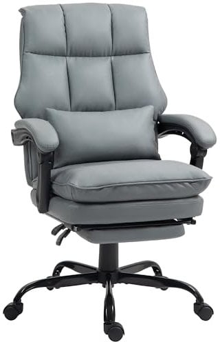 HOMCOM Executive Office Chair with Footrest, PU Leather High Back Desk Chair with Lumbar Support, Swivel Computer Chair with Adjustable Height and Padding Armrests, Grey