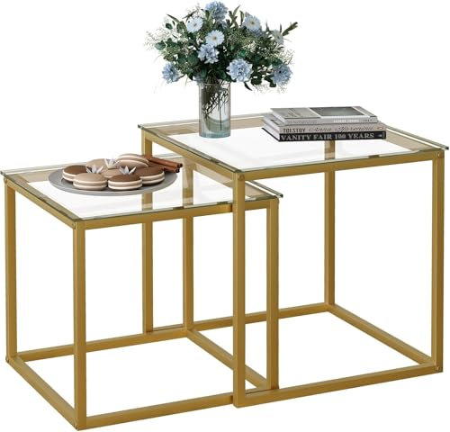 Huhote Juego de 2 mesas de centro cuadradas, mesa de salón moderna, mesa de café de cristal, mesa de salón pequeña, mesa auxiliar, mesa de sofá, mesa de café para salón, dormitorio, oficina, 50/45 cm