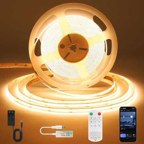 ACELUMO COB LED Streifen 10m, LED Strip Warmweiss mit Smart App und Fernbedienung, Timerfunktion, Dynamischer Farb, Musikmodus, LED Band für Wandpaneele, Küche Wohnzimmer, 3000K