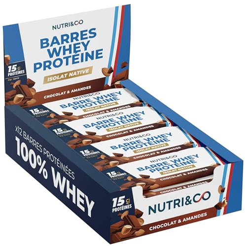 NUTRI & CO Barres Protéinées Whey Isolat Native - 15g de Protéines - Musculation & Récupération - 100% Clean sans protéines végétales ni Huile de Palme – Lot de 12 Barres Chocolat & Amandes