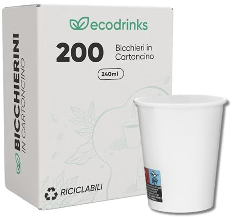ecodrinks - 200 Bicchieri Carta Bianco da 240ml - Per Acqua, Cocktail, Bevande Calde e Fredde - Biodegradabili, Eco-friendly e Made in Italy