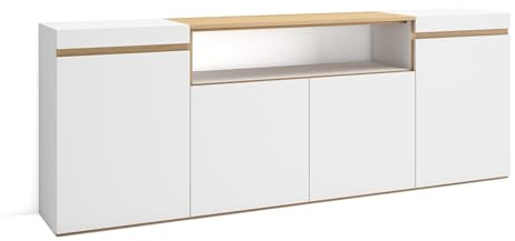 Skraut Home | Sideboard, Highboard | Kommode, Komodenschrank | 200x75x35cm | 4 Türen | Wohnzimmer, Küche | Moderner Stil | Weiß und Eiche Soft