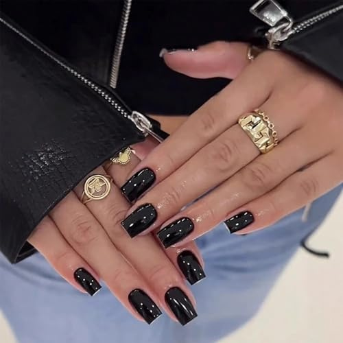 Light Black Press-On Nails - Short Square French Tip Fake Nails with Glossy Durable Gel Finish - 12 Sizes for a Perfect Fit Easy to Apply Stick-On Style - Full Cover Acrylic Look
