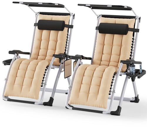 Soontrans 2pcs Sonnenliege Klappbar mit Dach, Gartenliege Wetterfest, Liegestuhl Garten mit Ergonomisches Polster Nackenkissen Getränkehalter, Strandliege Verstellbare Rückenlehne (beige)