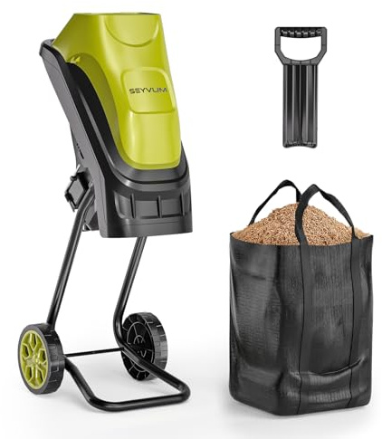 Electric Wood Chipper 15-Amp, Corded Shredder & Efficient Mulcher, with 45L Collection Bag and Push Stick, Double Sided Blade System, for Yard Waste, Branches, Grass, and Leaves, 21:1 Reduction