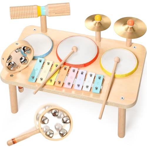 WINGYZ Kids Drum Set – 9-in-1 Montessori Toys for 1-3 Year Old & Wooden Musical Instruments for Toddlers, Baby Musical Toys with Drums, Xylophone, Helps Hand-Eye Coordination, Gift for 1-3 Boys Girls
