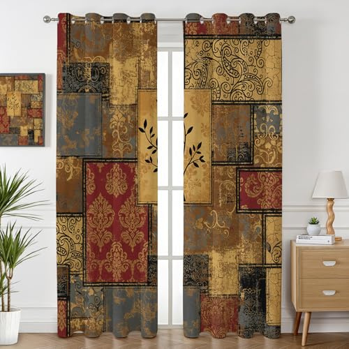 Havenix Vintage Landhausstil Vorhänge Wohnzimmer Blickdichte Patchwork Retro Muster Gardinen mit ösen Thermo Vorhang Gegen Kälte Verdunklungsvorhänge für Schlafzimmer 2er Set H 166 x B 75 cm