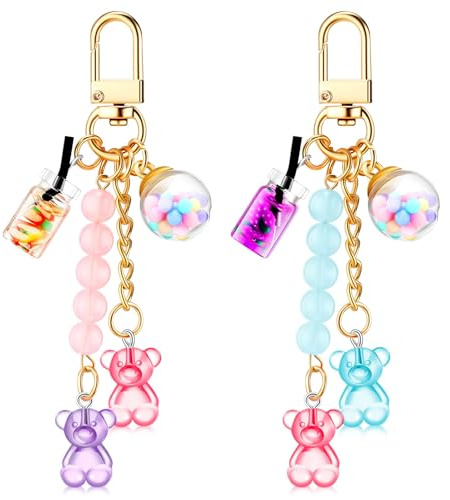 Süßer Bären Schlüsselanhänger aus Kunstharz, Niedliche Bonbonfarbe Anhänger für Taschen, Rucksäcke mit Teddy Bär & Perlenanhänger, Cute Keychain für Mädchen Damen Kinder, Bunter Mini-Schlüsselanhänger
