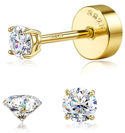 SLLAISS Moissanite Stud Earrings 925 Sterling Silver 0.07-3CTW | 14K Diamond Look Sparkle Earrings, Moissanite Flat Back Earrings for Cartilage, Helix, Conch, Hypoallergenic