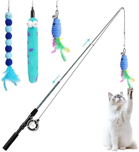 Pawaboo Cat Teaser Wand Toys, 3 Pack Feather Refills Cat Fishing Pole Toy | 3-Section Retractable Kitten Feather Toys with Pulley, Indoor Cats Teaser Catcher Exerciser with Bell, Blue