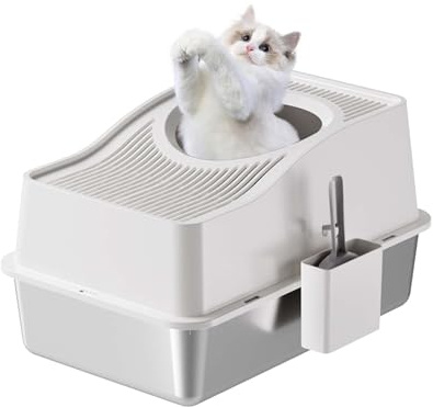 Bac à Litière Chat INOX Extra Large,Litiere pour Chat Bac Entièrement Fermé, Contrôle des Odeurs, Maison de Toilette Chat Côtés Hauts Anti-éclaboussures, Facile à Nettoyer - Idéal Grands Chats