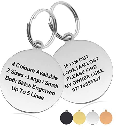 Personalised Engraved Dog Tag ID Name Tags for Cat Puppy Pet Collar Tag Hand Finished in UK (Silver(Round), L)