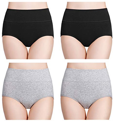 wirarpa Damen Unterhosen Baumwolle Slips Damen Hoher Taille Atmungsaktive Taillenslip Wochenbett Unterwäsche Mehrpack Größen 32-58, Schwarz Grau-4er Pack, Medium (38/40)