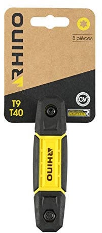 Rhino - Lot de 8 clés mâle étoile, jeu de 8 clés torx sur monture sans blocage - Diamètre T9 à T40 - Fabriqué en Acier (Chrome Vanadium) - Haute qualité - Garantie à vie