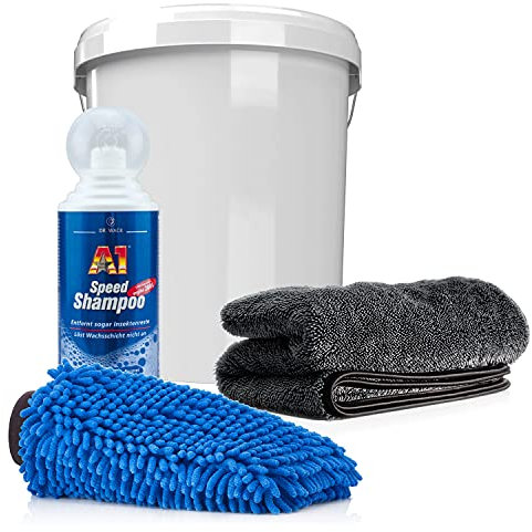 detailmate Auto & Motorrad Wasch Set: Dr. Wack A1 Speed Shampoo 500ml + Kunststoff Wascheimer mit passendem Deckel + Mikrofaser Chenille Waschhandschuh + saugstarkes Trockentuch, 50x80cm, 1000GSM
