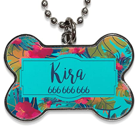 LolaPix Chapa Perros Personalizadas con foto, texto o imagen. Placas para Perros. Chapa metálica con forma de hueso. Regalo personalizado. TROPICAL