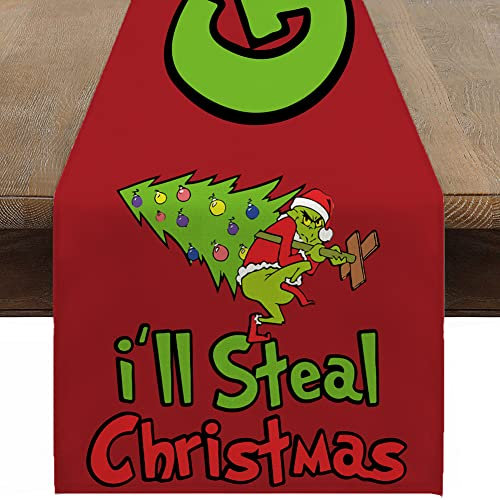 Ohok Weihnachten Tischläufer 33 x 183 cm, Leinen Weihnachtsgrinch Serie Tischläufer Küche Esstisch Dekoration für Drinnen und Draußen Urlaub Party Bauernhaus Wohnzimmer Dekor (Weihnachtsbaum)