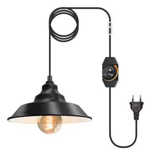 Metall Pendelleuchte Kit mit Schalter, Vintage Hängelampe mit Stecker Lampenfassung E27 mit 450cm Kabel Hängeleuchte Loft Kronleuchter Schwarz Lampe mit Stecker Max. 60W (mit Lampenschirm)