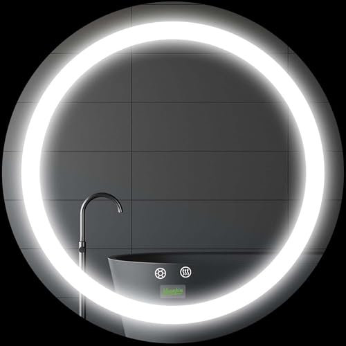 kleankin Espejo de Baño con Luz LED Ø50x4,6 cm Espejo Redondo de Pared con Interruptor Táctil 3 Luces Ajustables Función de Memoria y Antivaho Marco de Aluminio Plata