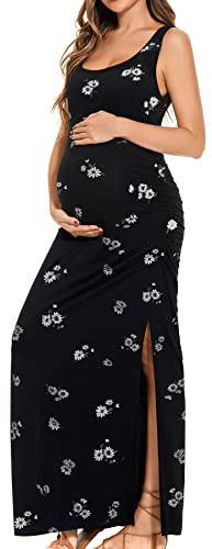 Smallshow Women's Split Long Maternity Dress Sleeveness Ruched Pregnancy Clothes Medium SVP121