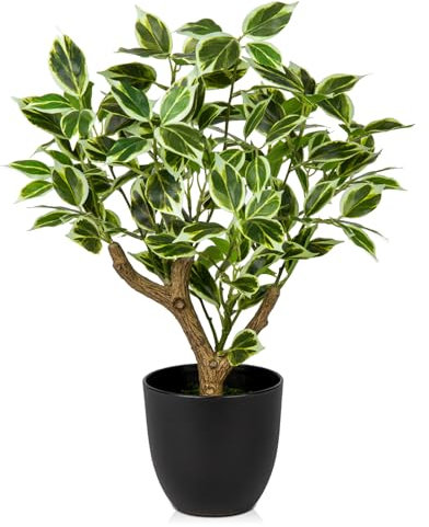 Briful 43CM Tall Artificial Ficus Plants Green White Artificial Bonsai Tree Fake Plants, Faux Plant Indoor Small Fake Ficus Tree for Home Kitchen Bathroom Decor