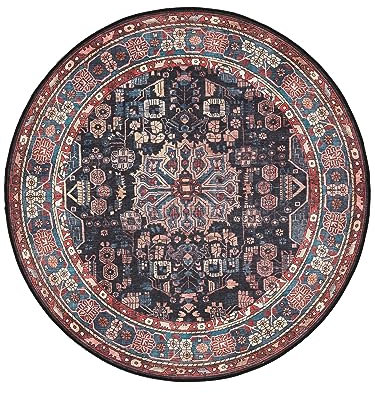 RugVista Galaxy Oriental, Teppich, Moderne Teppiche, Ø 160 cm, Rund, Mittlerer Stapel, Wohnzimmer, Schlafzimmer, Küche, Maschinenwäsche, Oeko_tex_100, Blau/Schwarz