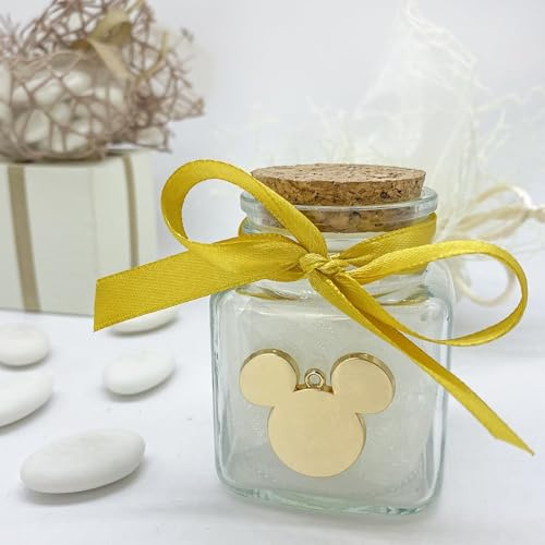 Doni Bomboniere 10 Gläser für Konfekt mit Korkverschluss mit Mickey Mouse Charms aus Metall, goldfarben, Gastgeschenk für Geburt, Taufe, Geburtstag, Kommunion und Konfirmation