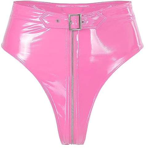 iEFiEL Damen Hotpants Metallic Booty Shorts Lederoptik High Waist Unterwäsche Im Wetlook Lack Leder Design Gogo Clubwear Schwarz Rosa 4XL