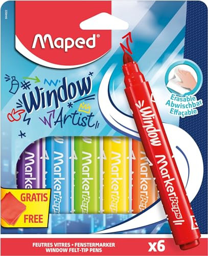 Maped Marker'Peps - Fieltro de ventana para ventanas, punta ancha de 5 mm y tinta borrable con agua, 6 rotuladores surtidos, superficies acristaladas y 1 paño de microfibra de 20 x 20 cm