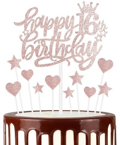 Happy 16th Birthday Cake Toppers, Rose Gold Cake Cupcake Toppers for Cake, Glitter Heart Stars Cake Toppers, Birthday Gift, Personalised Cake Toppers for Women Girls 16th Birthday Cake Decorations